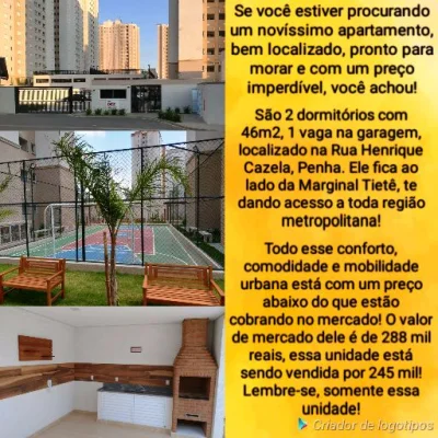 Apartamento Novo na Penha Pronto para Morar 2 Dorm. 1 Vaga