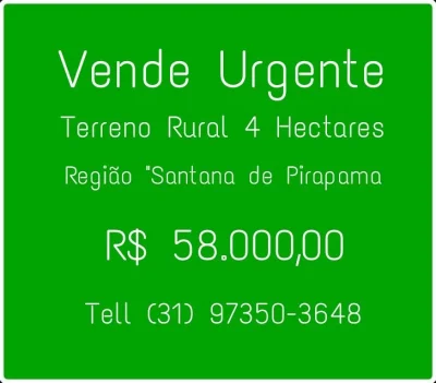 Terreno Rural 4 Hectares, Região "santana de Pirapama, MG