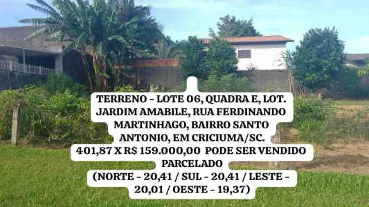 Terreno a Venda no Bairro Santo Antônio Criciuma