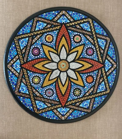 Mandala Artesanal Pontilhismo à Mão em Mdf "flor Mística"