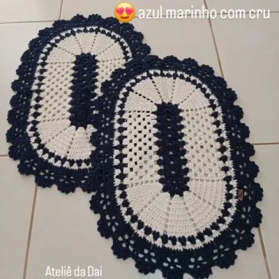 Par Tapetes de Crochê - Oval Azul/branco