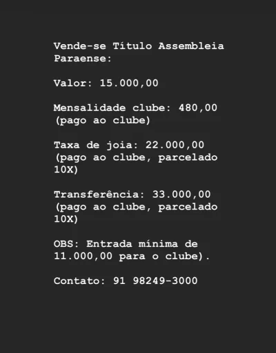 Vende-se Título Assembleia Paraense