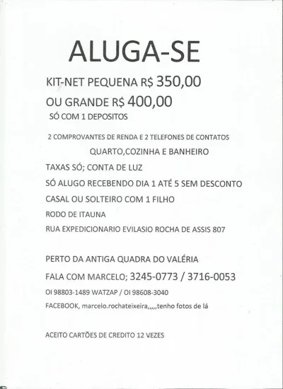 Kitnet Itauna Solteiras e Solteiros 350
