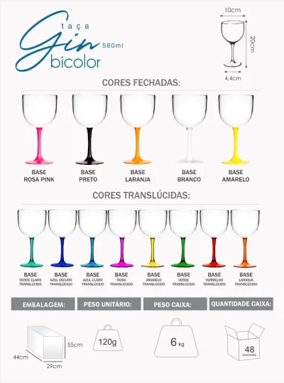 Taças de Gin Tônica Acrílico Bicolor 580 ML Varias Cores Caixa com 12