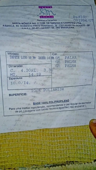 Tapete Santa Monica Cor Palha (precisa Limpeza)