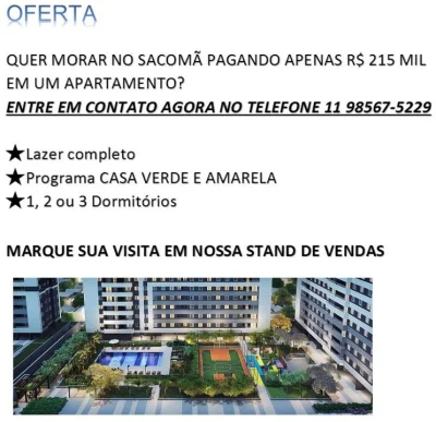 Apartamento Sacomã 215mil