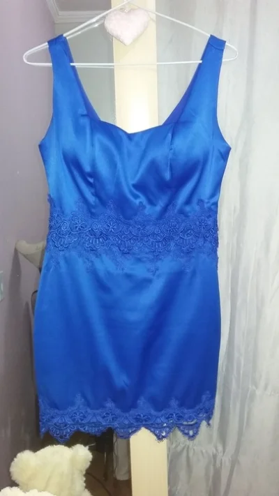 Vestido Boutique Seda Azul com Renda