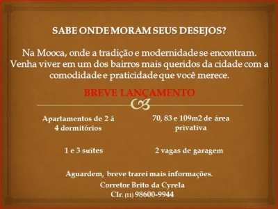 Lançamento Mooca Apto de 70 a 109 m2