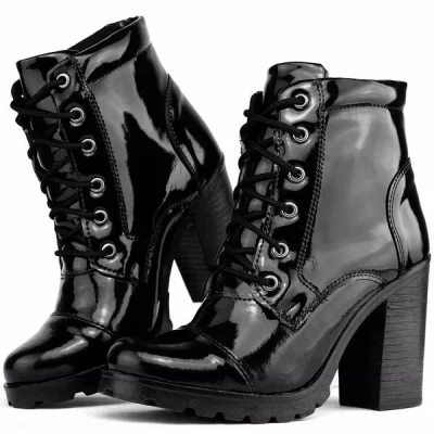 Coturno Feminino Verniz Salto Tratorado Preto 510