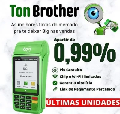 Maquininha de Cartão Ton 0,99 no Débito e Crédito de Taxa sem Aluguel