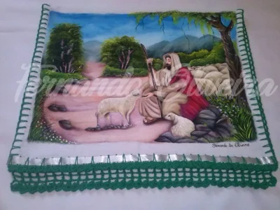 Pintura Pano de Prato o Bom Pastor e as Ovelhas