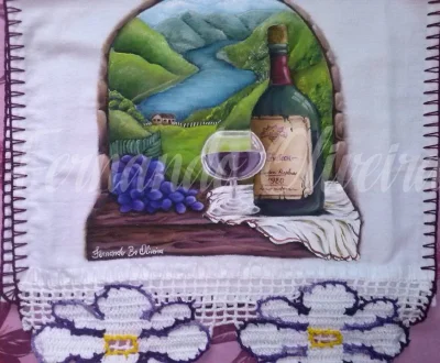 Pintura Pano de Prato Vinho Uvas e Paisagem