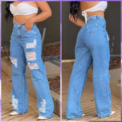Calça Jeans Feminina Wide Leg Pantalona Cintura Alta Tecido