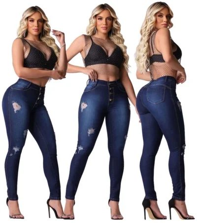 Calça Jeans Feminina Elastano Cintura Alta Efeito Levanta Bumbum