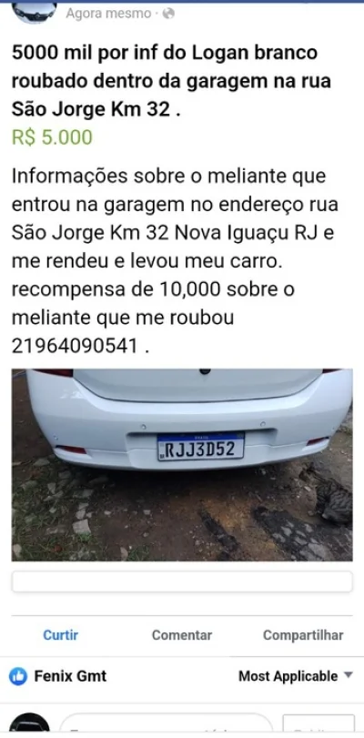 Recompensa de 5000 Mil sobre o Logan Branco Roubado