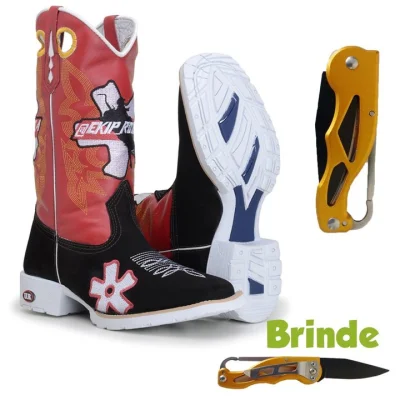 Bota Texana Masculina Ekip Rozeta Preta Cano Vermelho