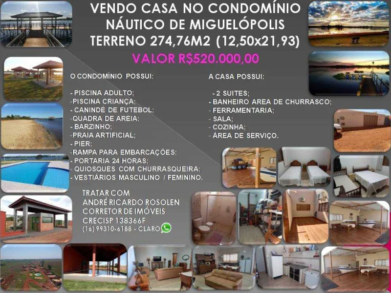Vendo Casa no Condomínio Náutico de Miguelópolis Terreno 274,76m2