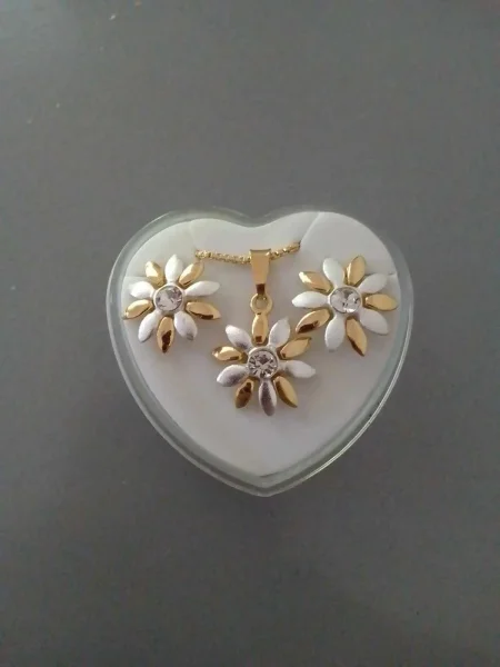 Conjunto Brinco Colar Margarida Folheado a Prata e Ouro Nunca usado