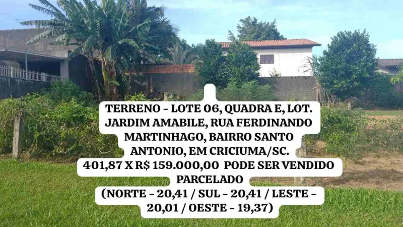 Terreno a Venda no Bairro Santo Antônio Criciuma