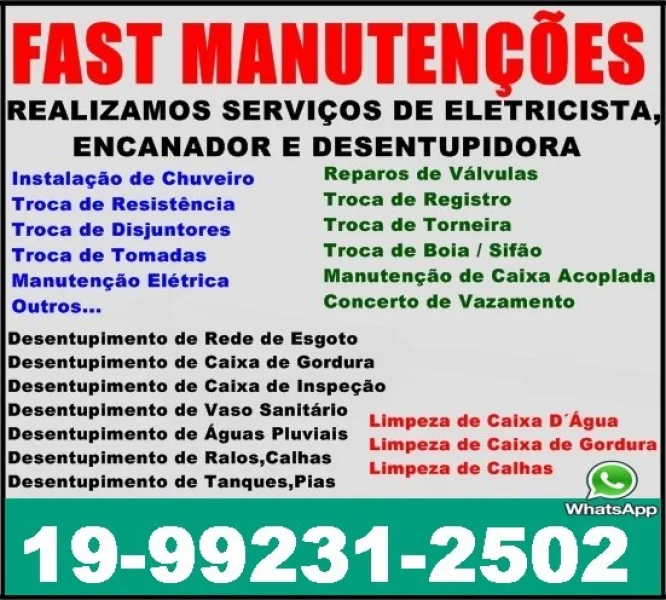 Desentupidora, Eletricista, Encanador no Vila Itapura em Campinas