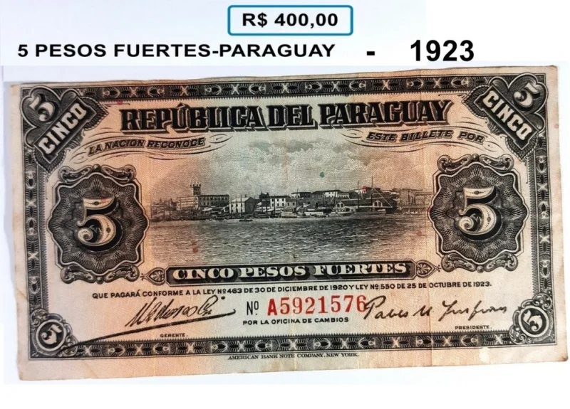 Cédula Cinco Pesos Fuertes - Paraguay - 1923