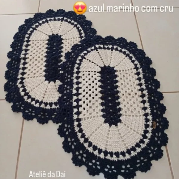 Par Tapetes de Crochê - Oval Azul/branco