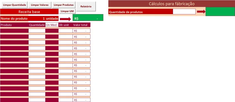 Planilha para Cálculo de Fabricação