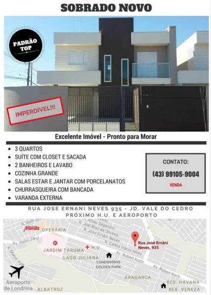 Casa/sobrado Novo – Jardim Vale do Cedro – Zona Leste Rua Jose Ernani
