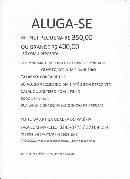 Kitnet Itauna Solteiras e Solteiros 350