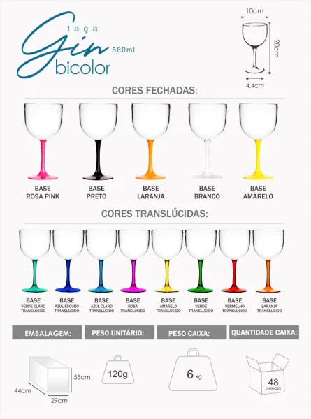 Taças de Gin Tônica Acrílico Bicolor 580 ML Varias Cores Caixa com 12