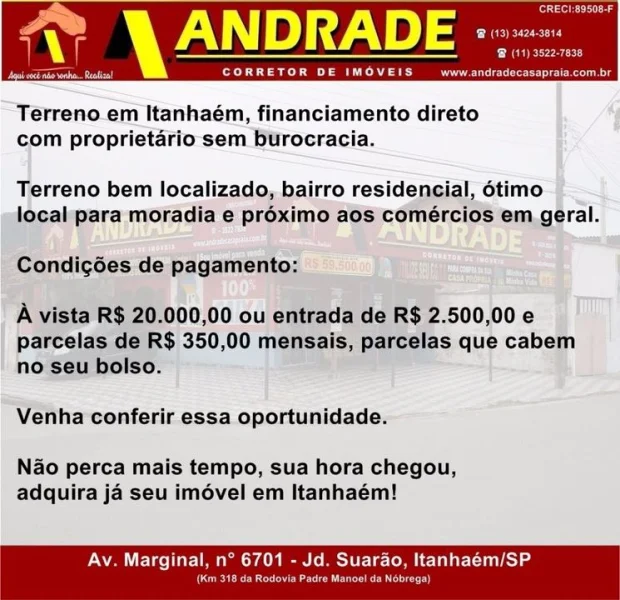 Terreno em Itanhaém Financiamento Direto c/ Proprietário