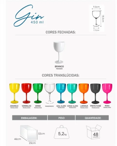 Taças de Gin Tônica Acrílico 450 ML Premium Várias Cores Caixa com 12